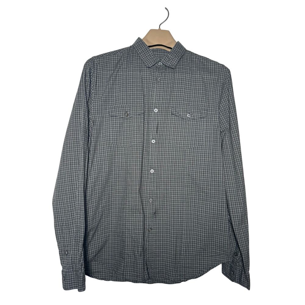 John Varvatos Shirt Mens LARGE Gray White Checked Button Up Long Sleeve Cotton